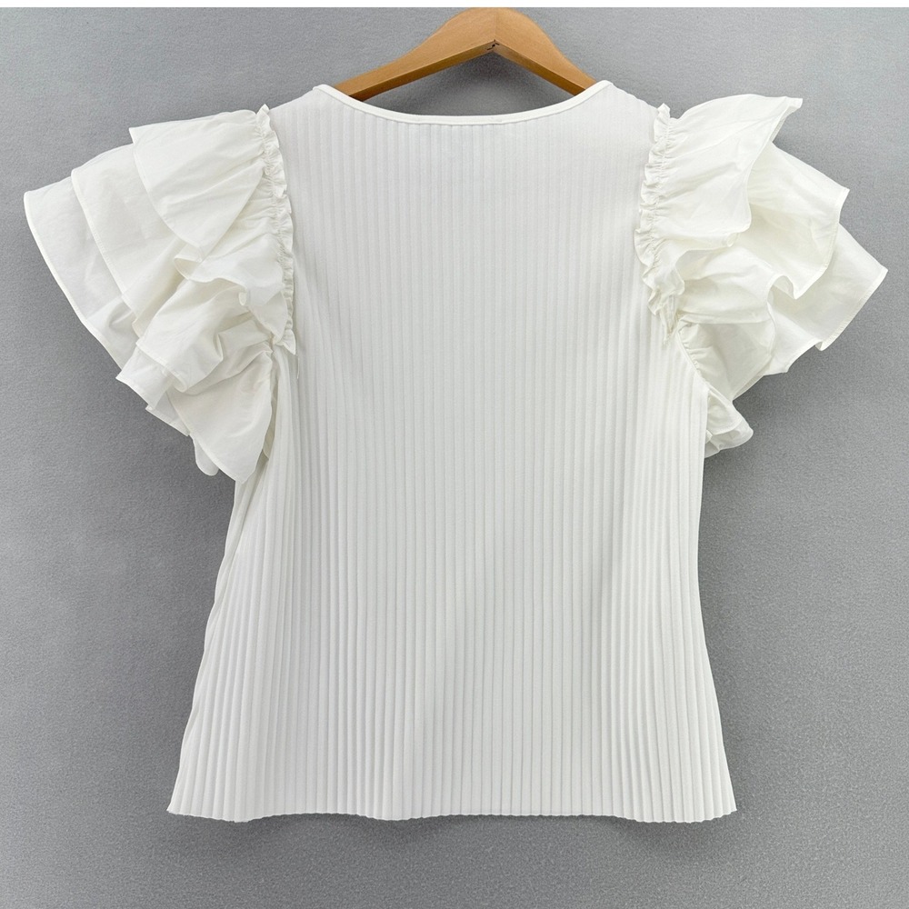 Marc New York Andrew Marc White Ribbed Top Layered Flutter Ruffle Sleeve SZ L - Picture 2 of 10